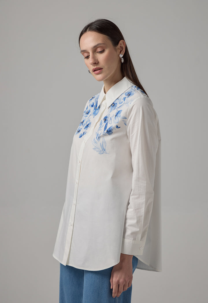 Choice Floral Printed Long Sleeve Shirt Off White