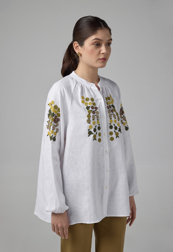 Choice Floral Embroidered Linen Shirt Off White
