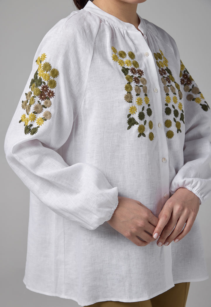 Choice Floral Embroidered Linen Shirt Off White