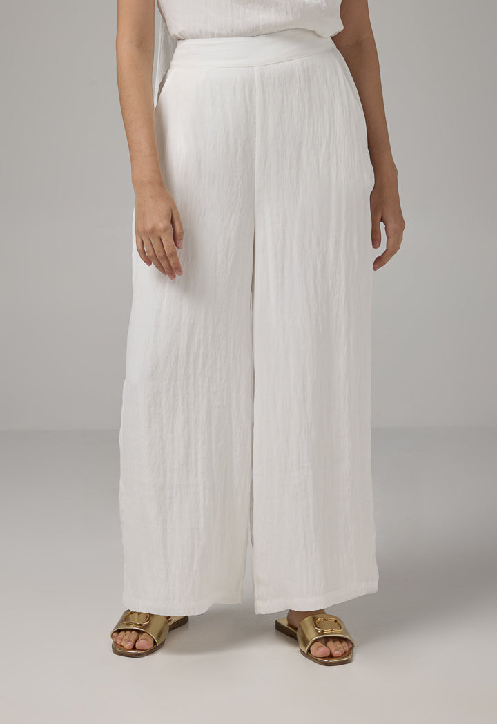 Choice Crinkled Elastic Waist Wide Leg Trousers Off White