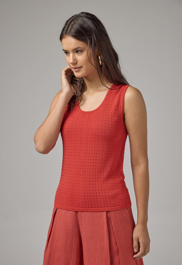 Choice Sleeveless Crystal Embellished Knitted Top Red