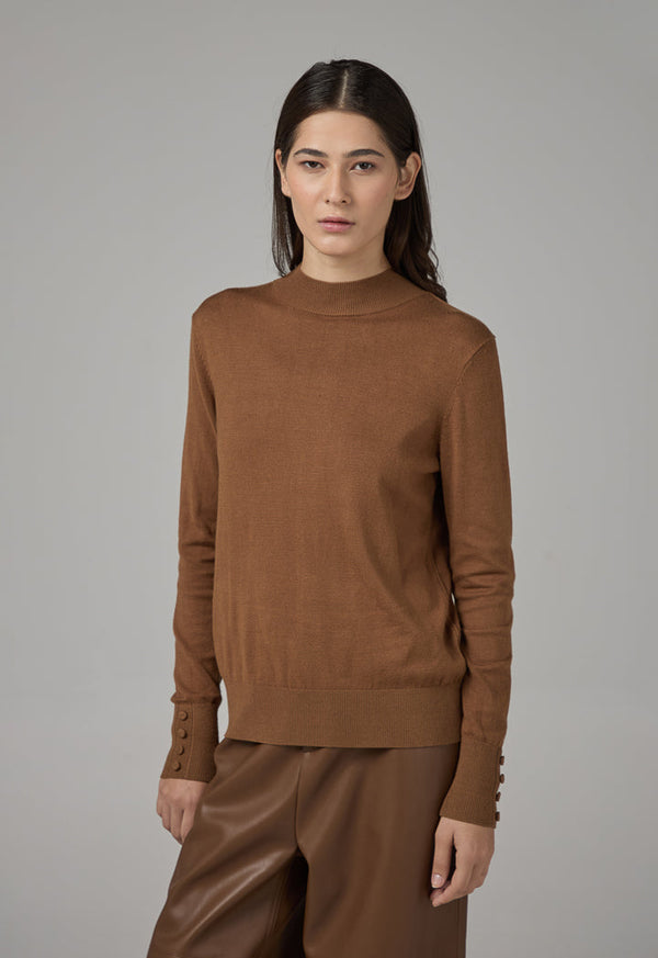 Choice High Round Neck Knitted Basic Blouse Camel