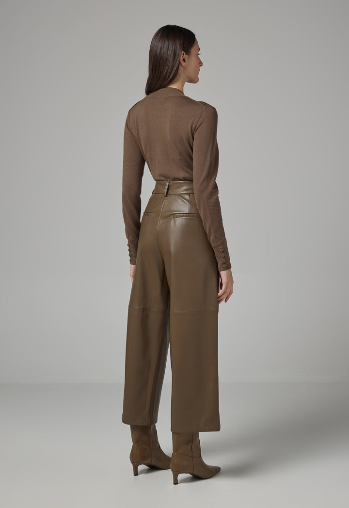 Choice Solid Pu Leather Wide Legs Trousers Khaki