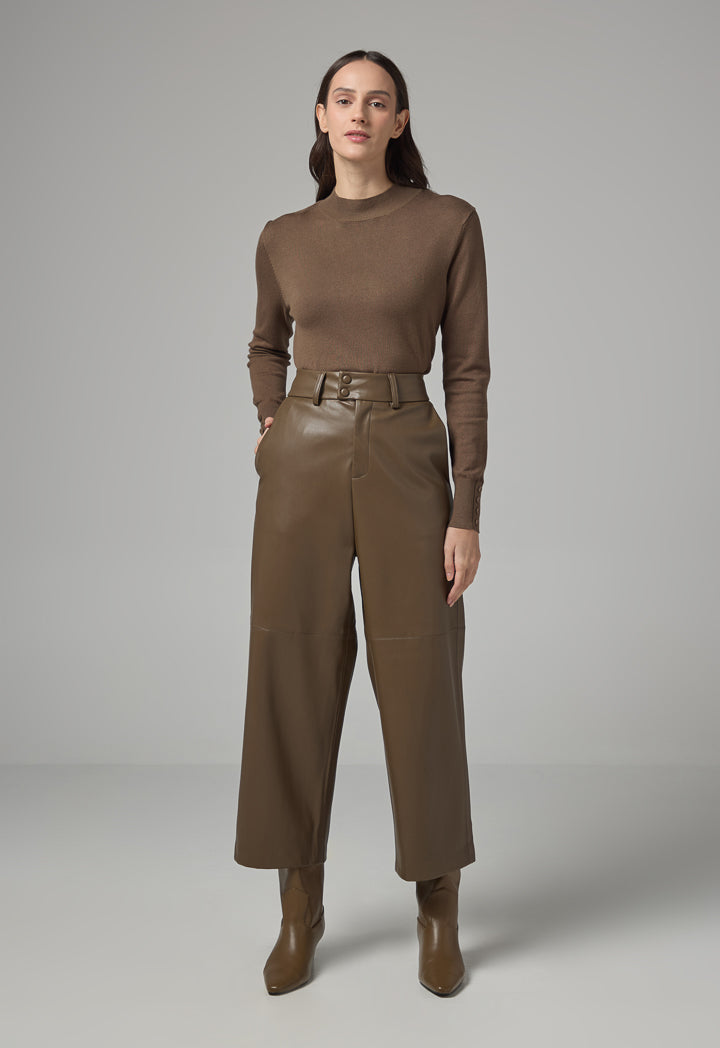 Choice Solid Pu Leather Wide Legs Trousers Khaki