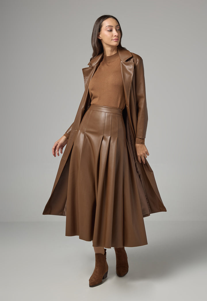 Choice Pu Leather Belted Maxi Trench Coat Brown