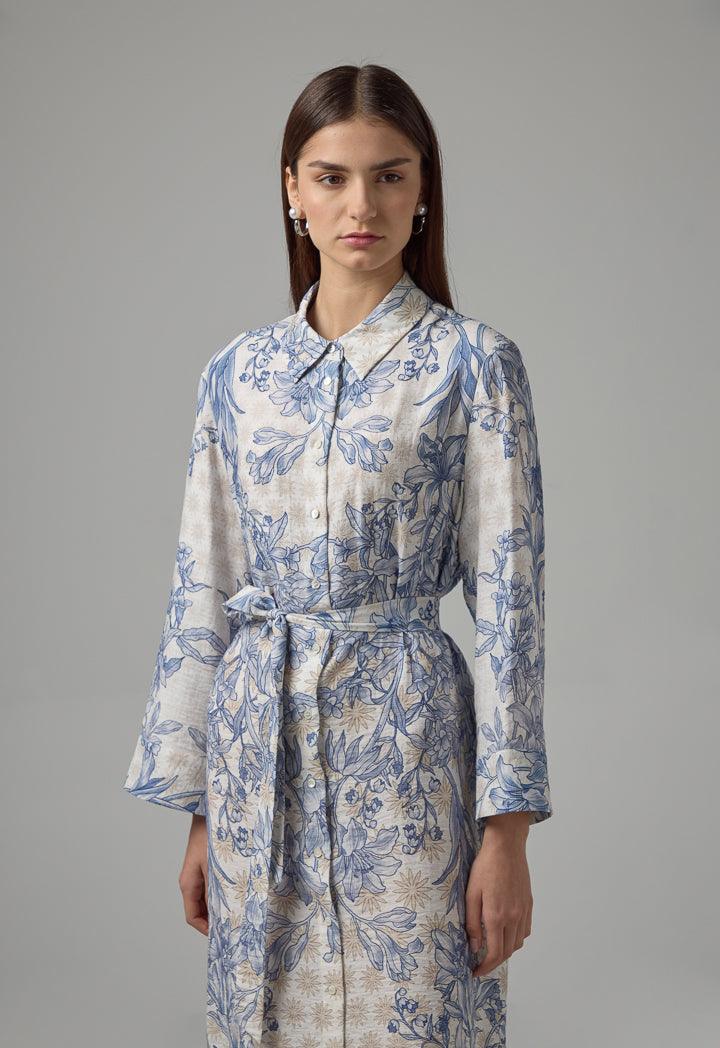 Choice Floral Printed Belted Shirt Dress Blue