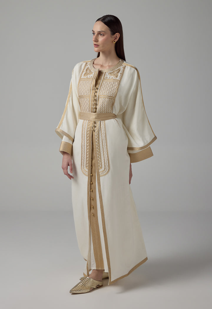 Choice Lurex Embroidered Flared Belted Abaya Off White