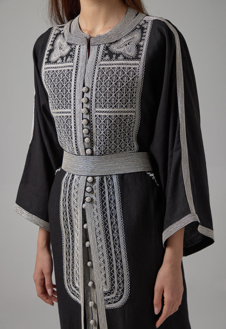 Choice Lurex Embroidered Flared Belted Abaya Black