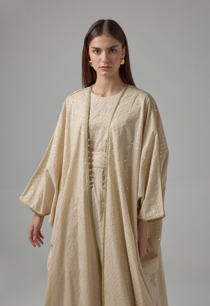 Choice Oversized Belted Sequin Maxi Abaya Beige