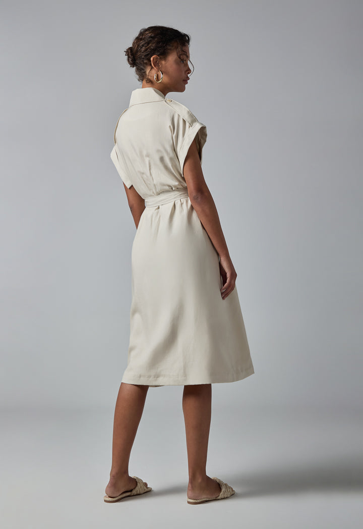 Choice Short Sleeve Belted Shirt Dress Cream