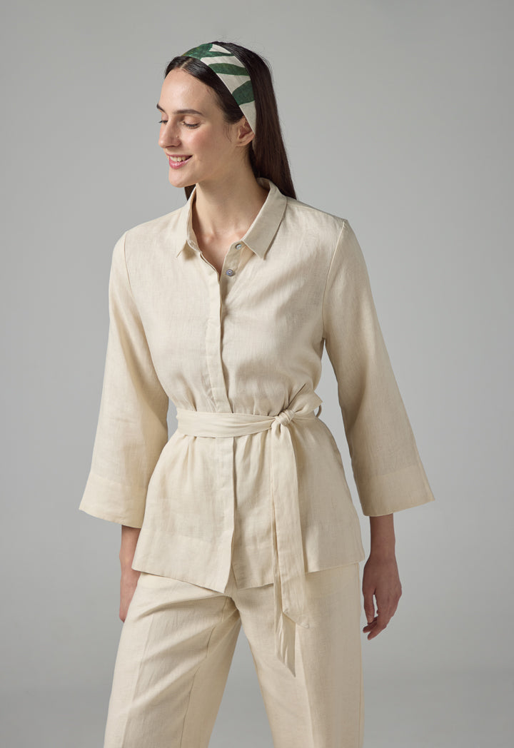 Choice Solid Long Sleeve Belted Shirt Beige