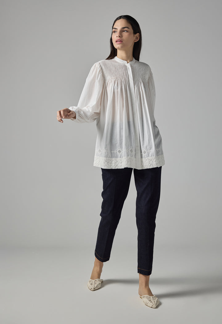 Choice Embroidered Long Sleeves Pleated Shirt Off White