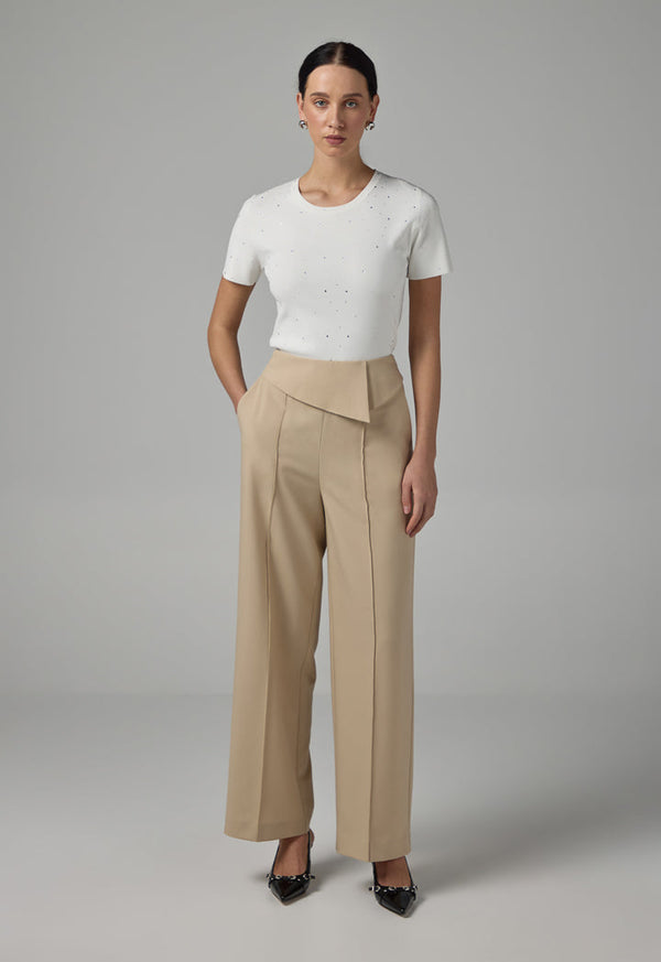 Choice Basic Front Pin Tuck Wide Leg Trousers Beige