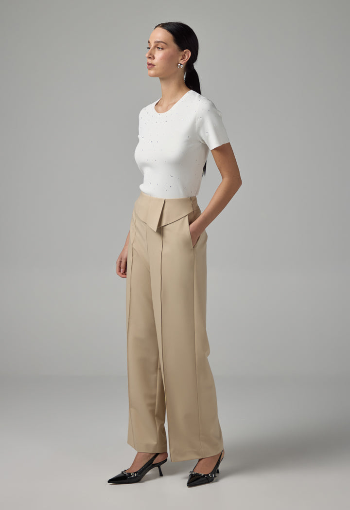 Choice Basic Front Pin Tuck Wide Leg Trousers Beige