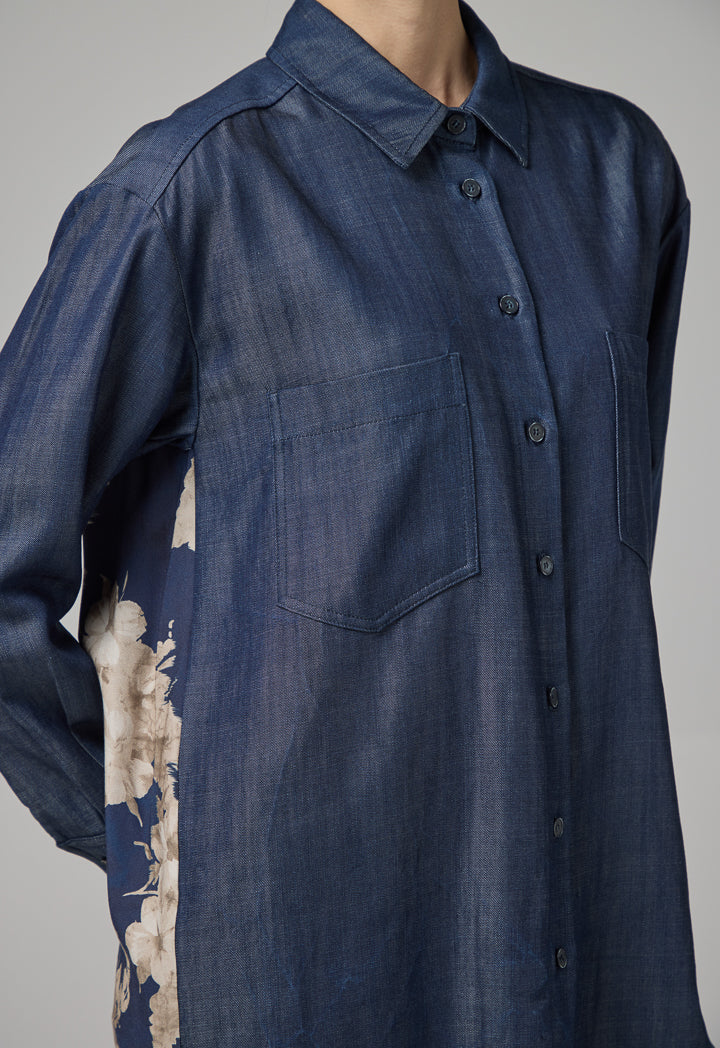 Choice Back Print Denim Shirt Blue