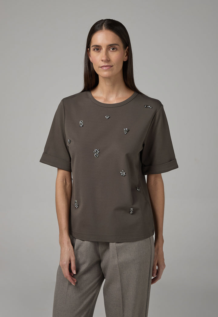 Choice Crystal Embellished Solid T-Shirt Anthracite