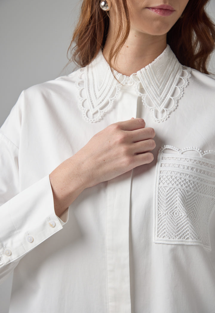 Choice Schiffli Collar Long Sleeves Shirt Off White