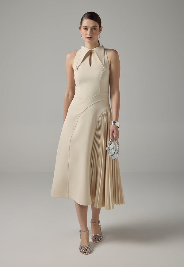 Choice Pointed Collar Pleated Maxi Dress Beige