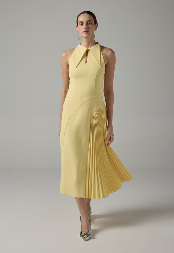 Choice Pointed Collar Pleated Maxi Dress Yellow