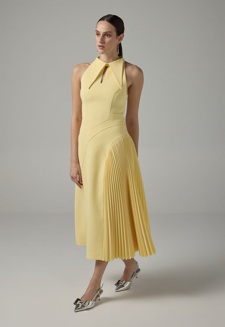 Choice Pointed Collar Pleated Maxi Dress Yellow