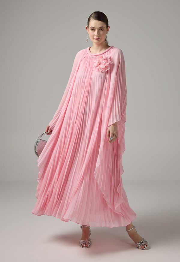 Choice Braid Detail Round Neck Pleated Dress Pink