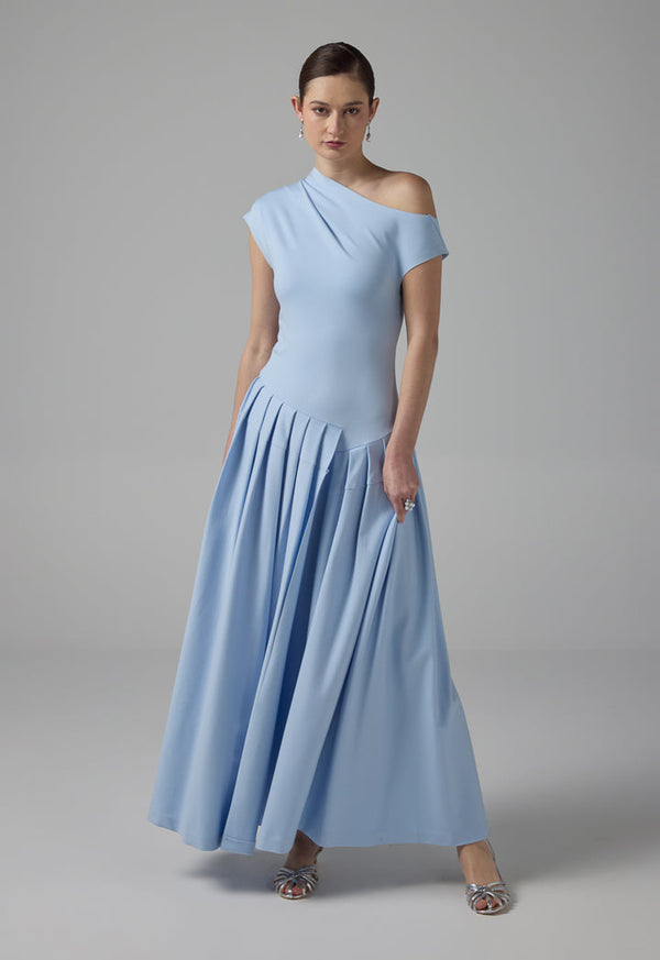 Choice Half Of Shoulder Pleated Dress Blue