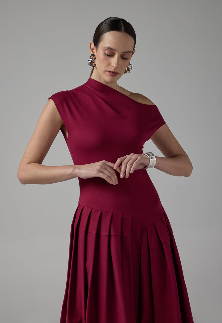 Choice Half Of Shoulder Pleated Dress Wine