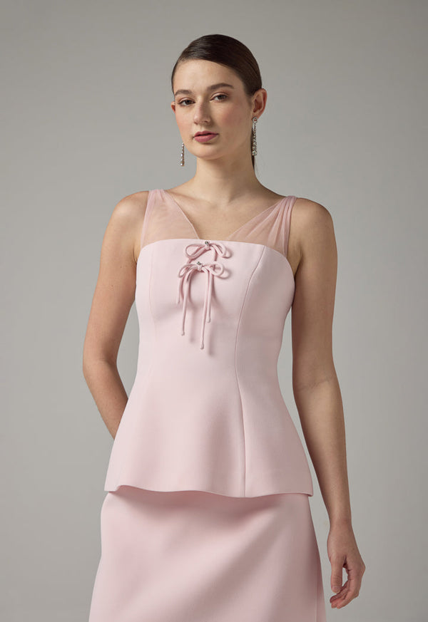 Choice Solid Tulle Bow-Detail Sleeveless Top Pink