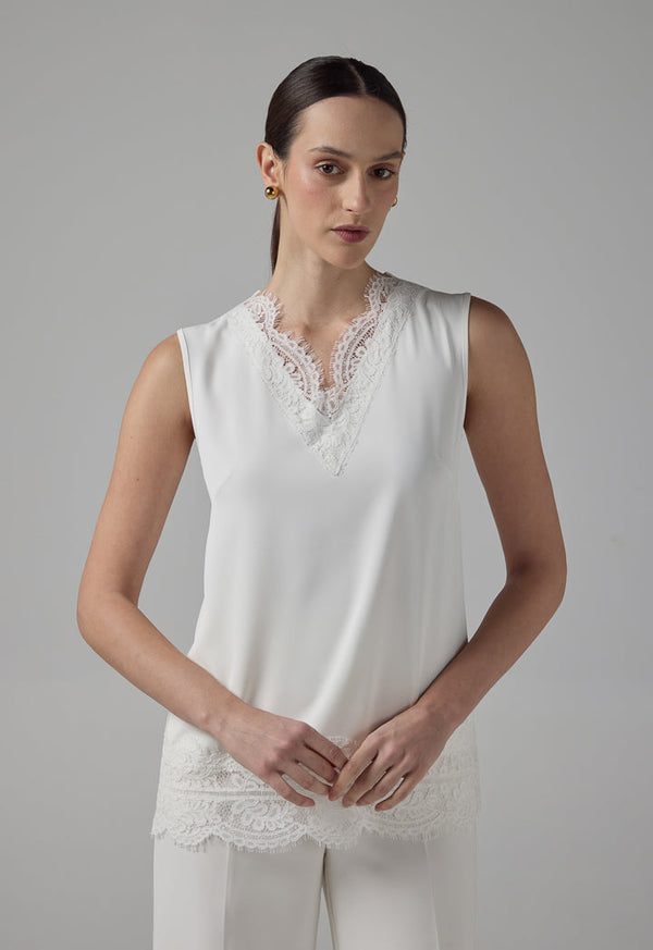 Choice Solid Sleeveless Lace Detail Top Off White