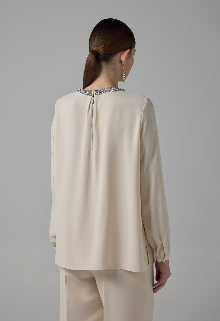 Choice Crystal Embellished Bow-Detail Blouse Beige