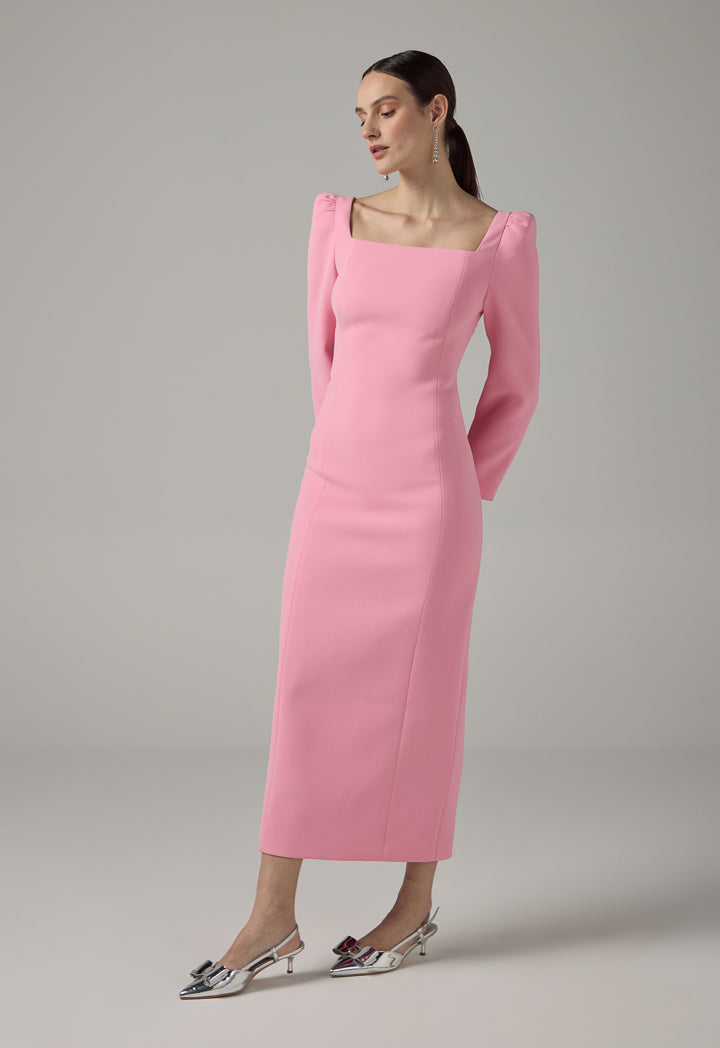 Choice Puff Sleeves Midi Dress  Pink