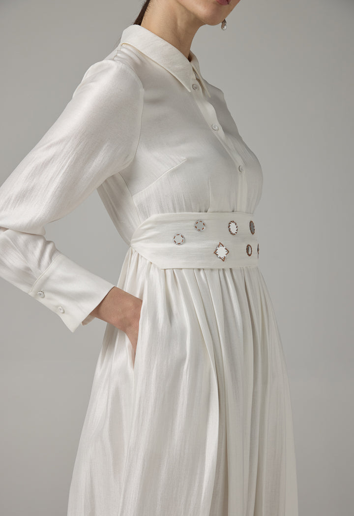 Choice Mirror Embroidered Belted Maxi Dress Off White