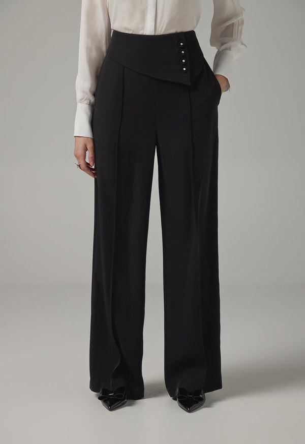 Choice Pin Tuck Wide Leg Basic Trousers Black