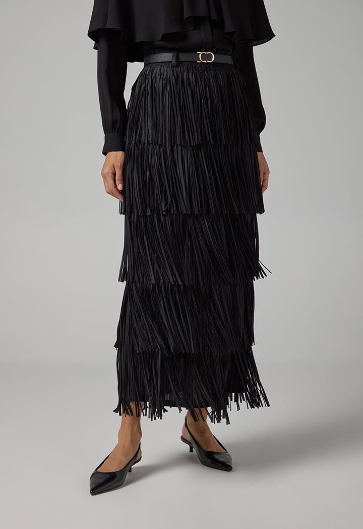 Choice Solid Pleated Fringe Maxi Skirt Black