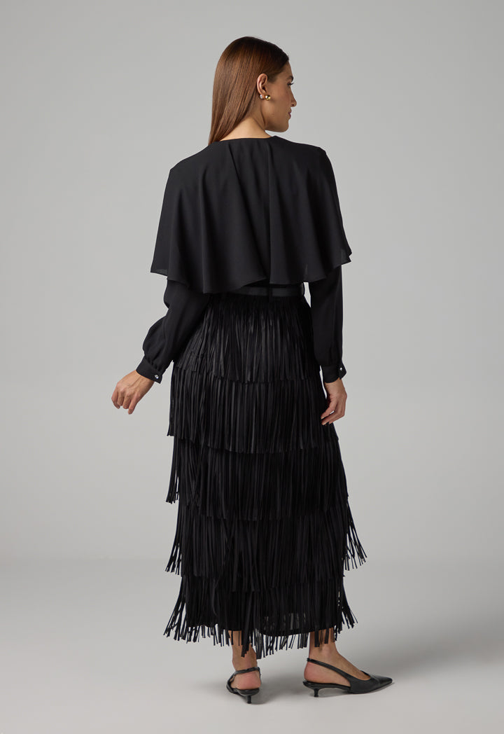 Choice Solid Pleated Fringe Maxi Skirt Black