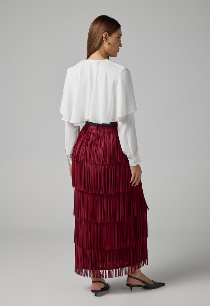 Choice Solid Pleated Fringe Maxi Skirt Burgundy