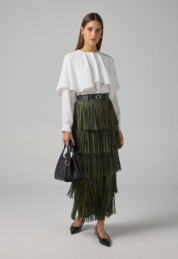 Choice Solid Pleated Fringe Maxi Skirt Khaki