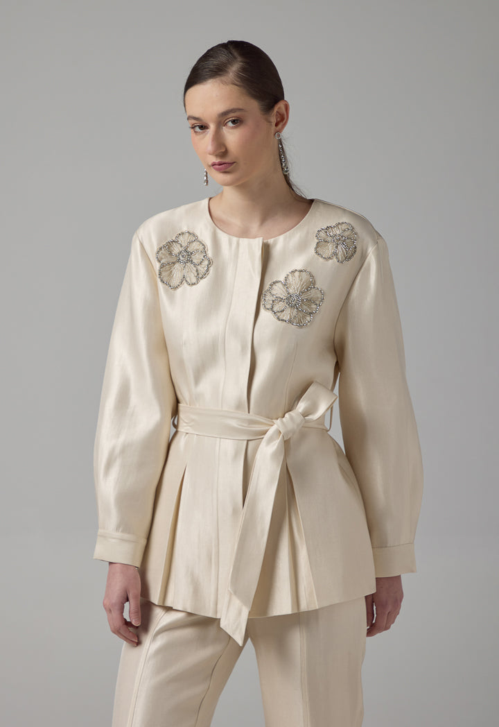 Choice Crystal Embellished Belted Jacket Sand