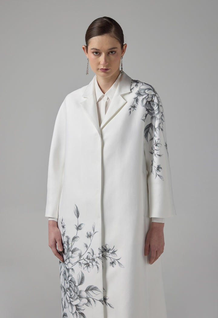 Choice Floral Printed Crystal Embellished Midi Coat Off White