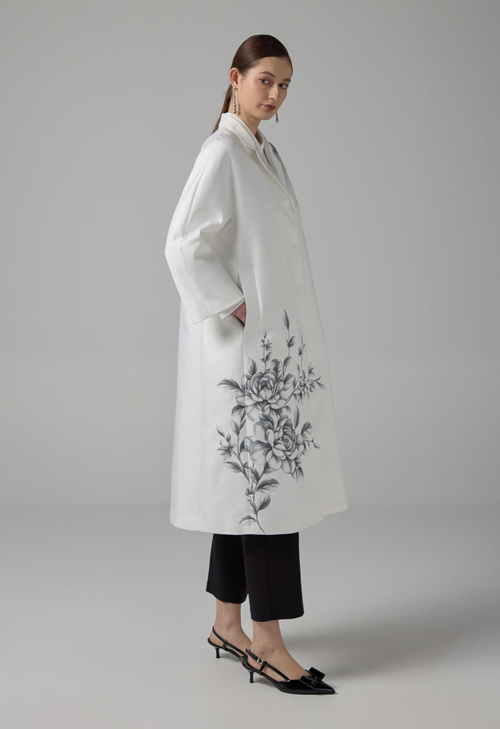 Choice Floral Printed Crystal Embellished Midi Coat Off White