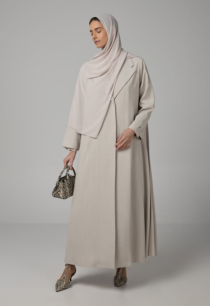 Choice Notched Collar Solid Abaya With Hijab Cream