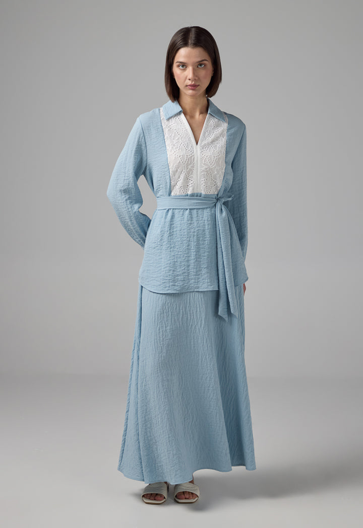 Choice Crinkled Lace Embellished V-Neck Blouse Blue