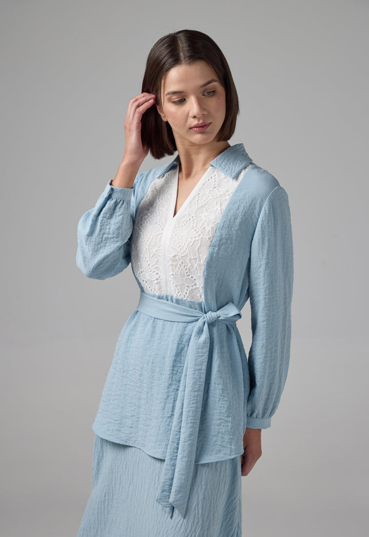 Choice Crinkled Lace Embellished V-Neck Blouse Blue