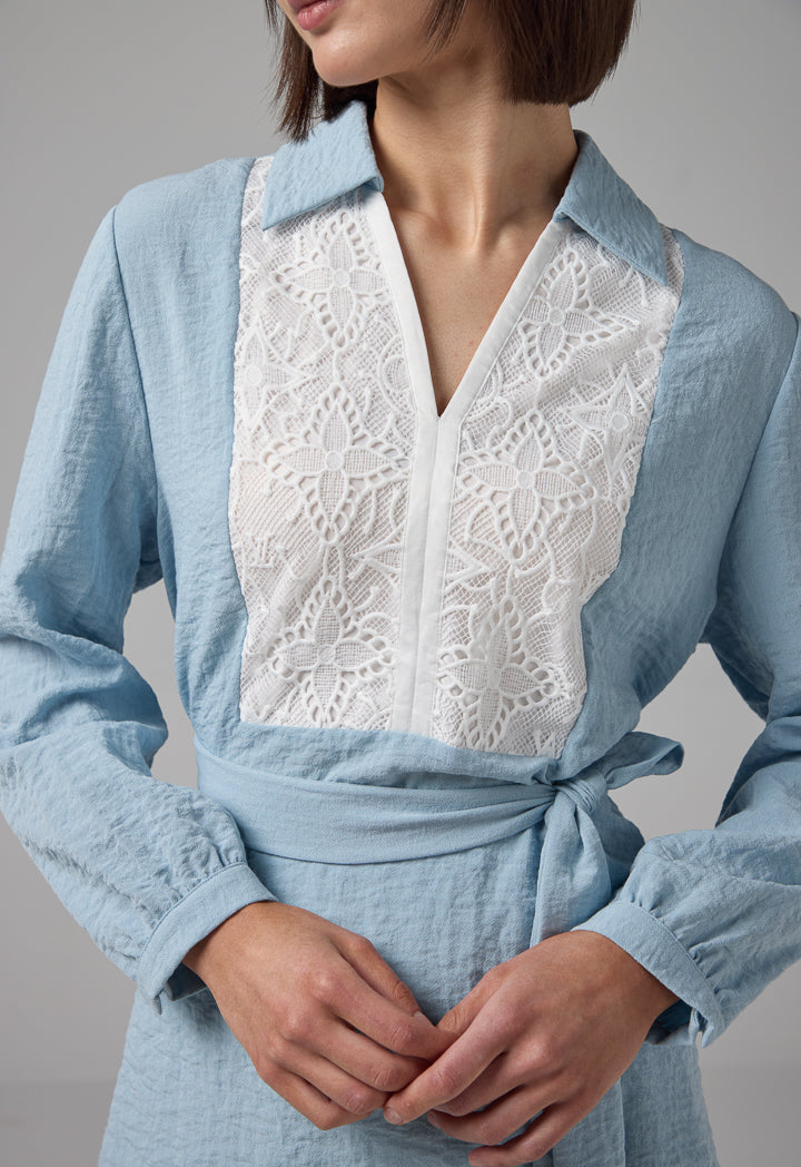 Choice Crinkled Lace Embellished V-Neck Blouse Blue