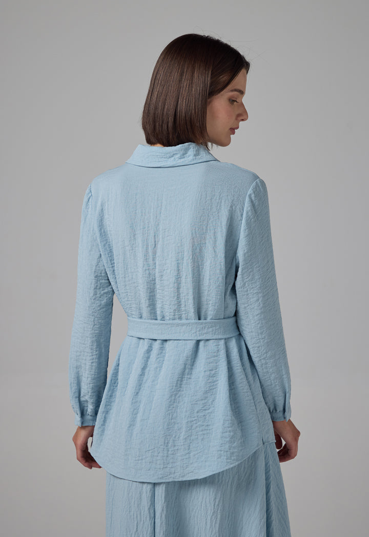 Choice Crinkled Lace Embellished V-Neck Blouse Blue