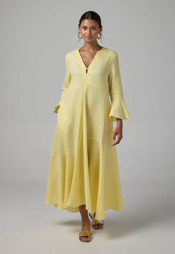 Choice Solid Bell Sleeves Linen Dress Lemon