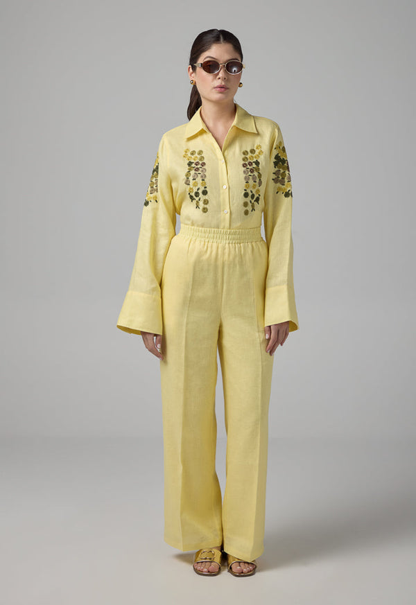 Choice Solid Elastic Waist Linen Trousers Lemon
