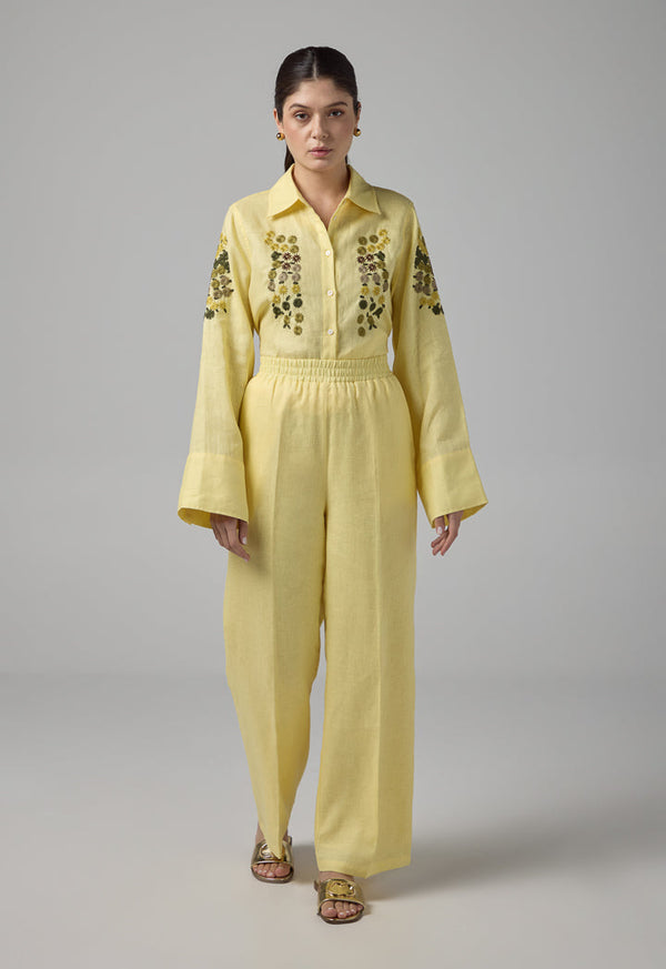 Choice Solid Elastic Waist Linen Trousers Lemon