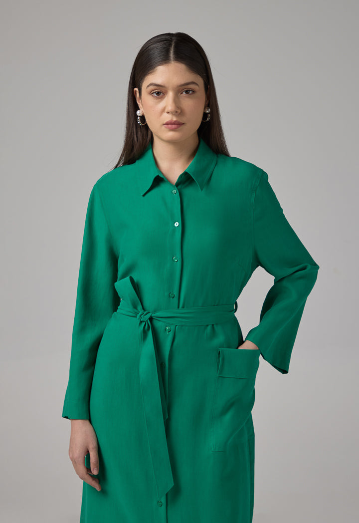 Choice Front Pocket Belted Shirt Dress Green