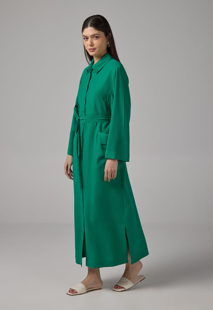 Choice Front Pocket Belted Shirt Dress Green